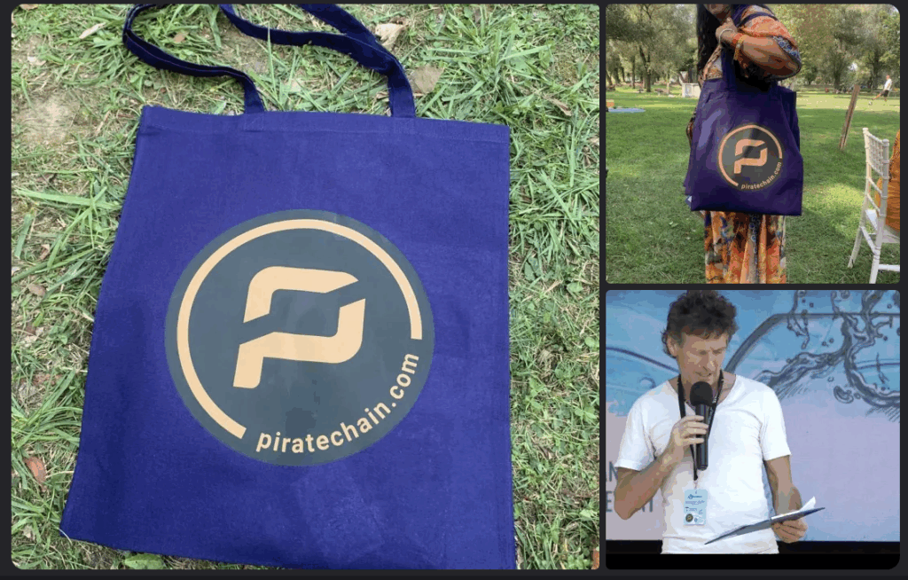 Blue canvas bags featuring the piratechain.com logo and a male speaker with a small Pirate Chain logo on his name badge